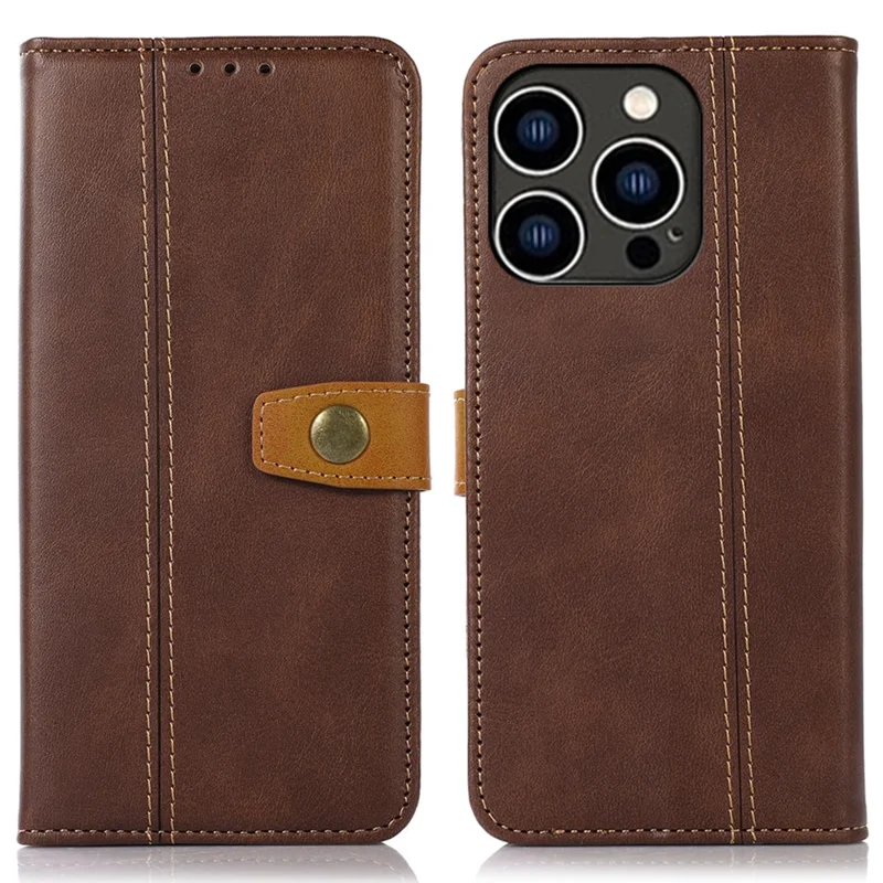 Phone Case for iPhone 15 Pro Calf Texture Flip Stand PU Leather Wallet Cover - Coffee
