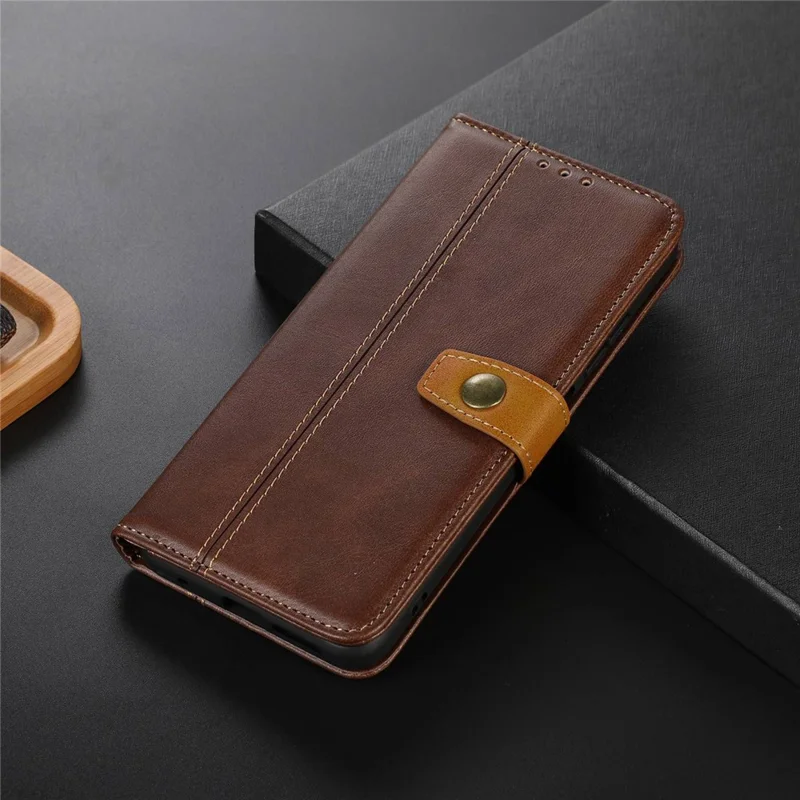 Phone Case for iPhone 15 Pro Calf Texture Flip Stand PU Leather Wallet Cover - Coffee