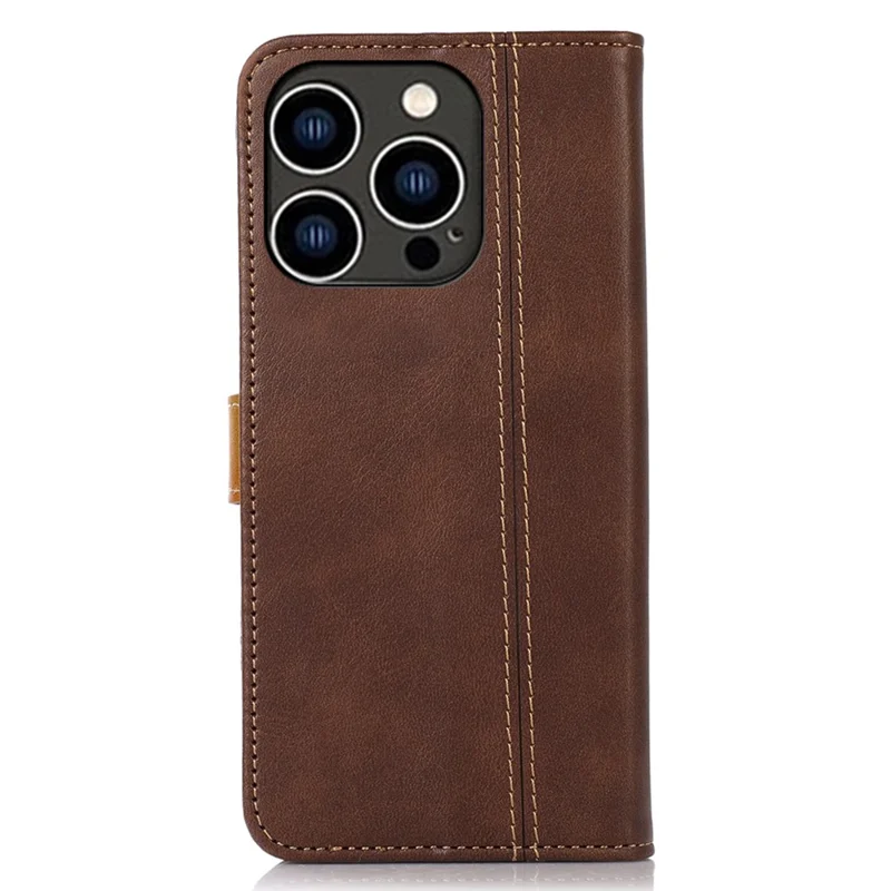 Phone Case for iPhone 15 Pro Calf Texture Flip Stand PU Leather Wallet Cover - Coffee