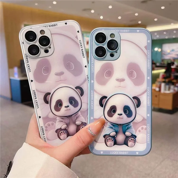 Pour iPhone 12 Pro Shadow Panda Pattern Tempered Glass Back TPU Frame Protection Phone Cover with Lens Film - Noir