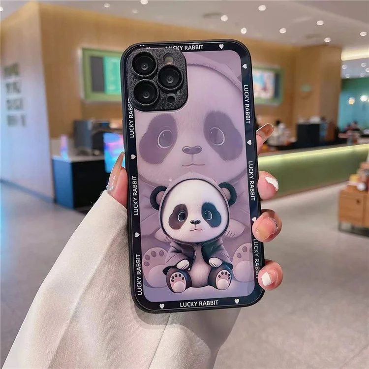 Pour iPhone 12 Pro Shadow Panda Pattern Tempered Glass Back TPU Frame Protection Phone Cover with Lens Film - Noir