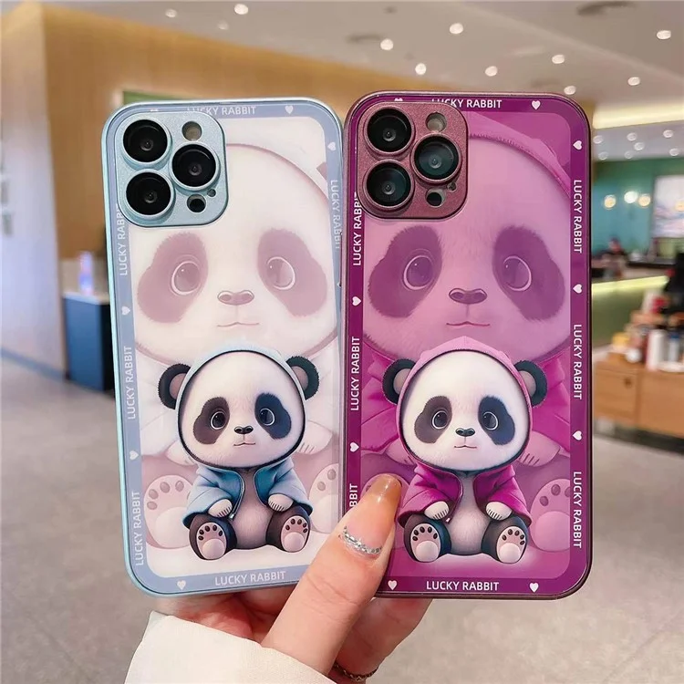 Pour iPhone 12 Pro Shadow Panda Pattern Tempered Glass Back TPU Frame Protection Phone Cover with Lens Film - Noir