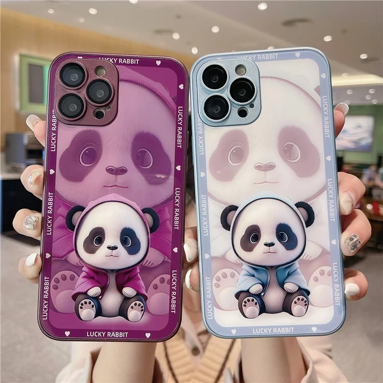 Pour iPhone 12 Pro Shadow Panda Pattern Tempered Glass Back TPU Frame Protection Phone Cover with Lens Film - Noir