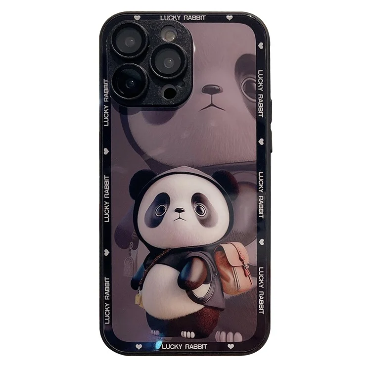 For iPhone 12 Pro Max Anti-Fingerprint Glass+TPU Phone Shell Metal Paint Edge Panda Decor Phone Case - Black