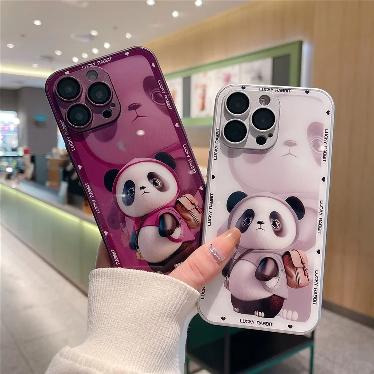 For iPhone 12 Pro Max Anti-Fingerprint Glass+TPU Phone Shell Metal Paint Edge Panda Decor Phone Case - Black