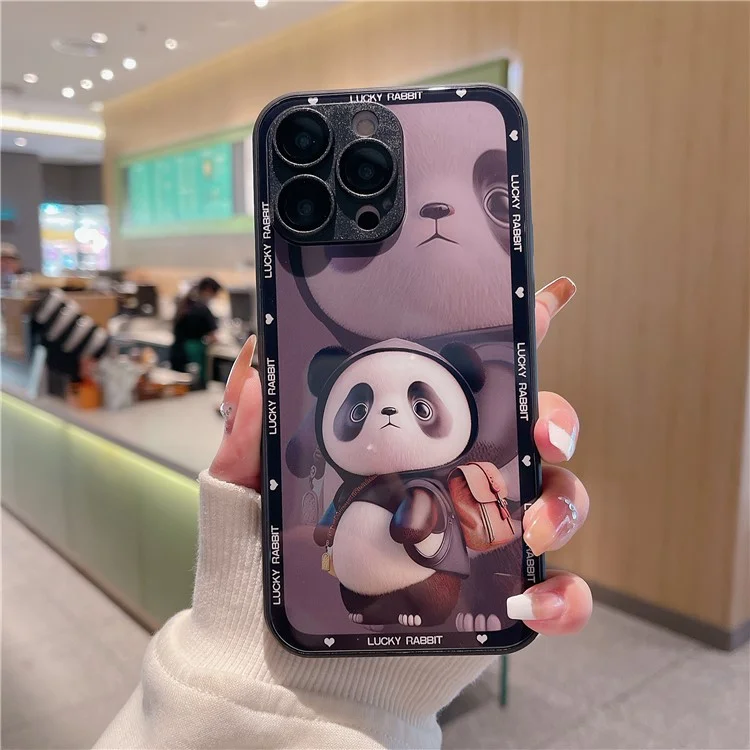 Per iPhone 13 Pro Max Hard Glass+TPU Phone Cover Metal Paint Design Panda Decor Phone Case - Black