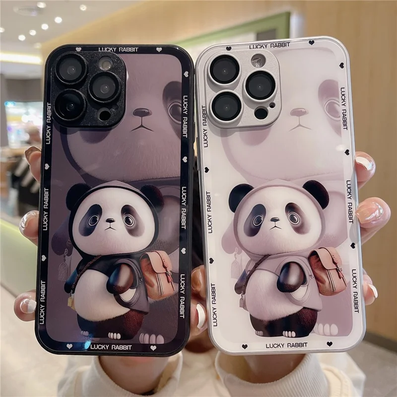 For iPhone 13 Pro Max Hard Glass+TPU Phone Cover Metal Paint Design Panda Decor Phone Case - White