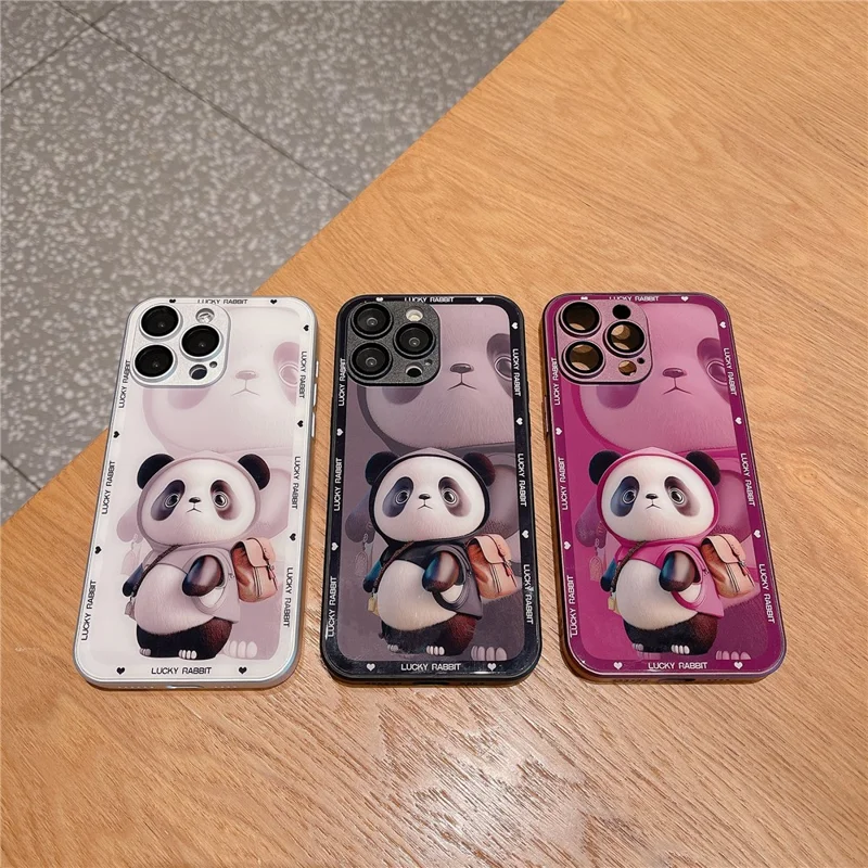 For iPhone 13 Pro Max Hard Glass+TPU Phone Cover Metal Paint Design Panda Decor Phone Case - White