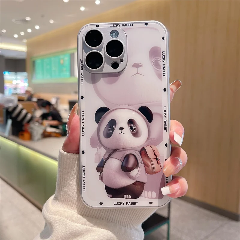 For iPhone 13 Pro Max Hard Glass+TPU Phone Cover Metal Paint Design Panda Decor Phone Case - White