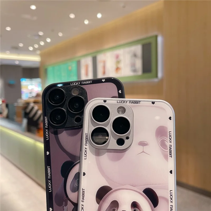For iPhone 13 Pro Max Hard Glass+TPU Phone Cover Metal Paint Design Panda Decor Phone Case - White