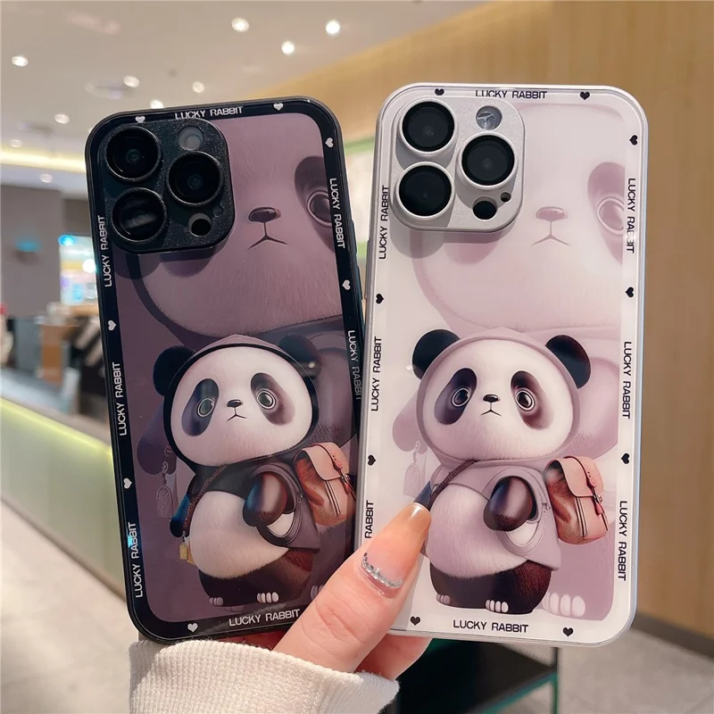 For iPhone 13 Pro Max Hard Glass+TPU Phone Cover Metal Paint Design Panda Decor Phone Case - White