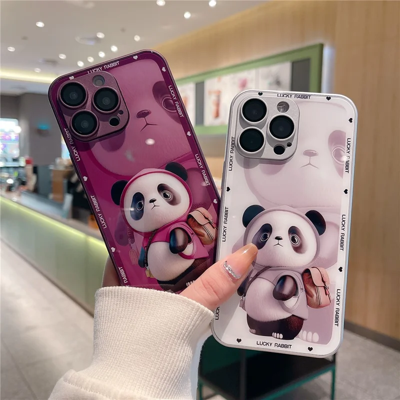 For iPhone 13 Pro Max Hard Glass+TPU Phone Cover Metal Paint Design Panda Decor Phone Case - White