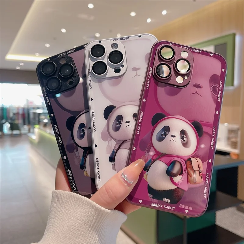 For iPhone 13 Pro Max Hard Glass+TPU Phone Cover Metal Paint Design Panda Decor Phone Case - White