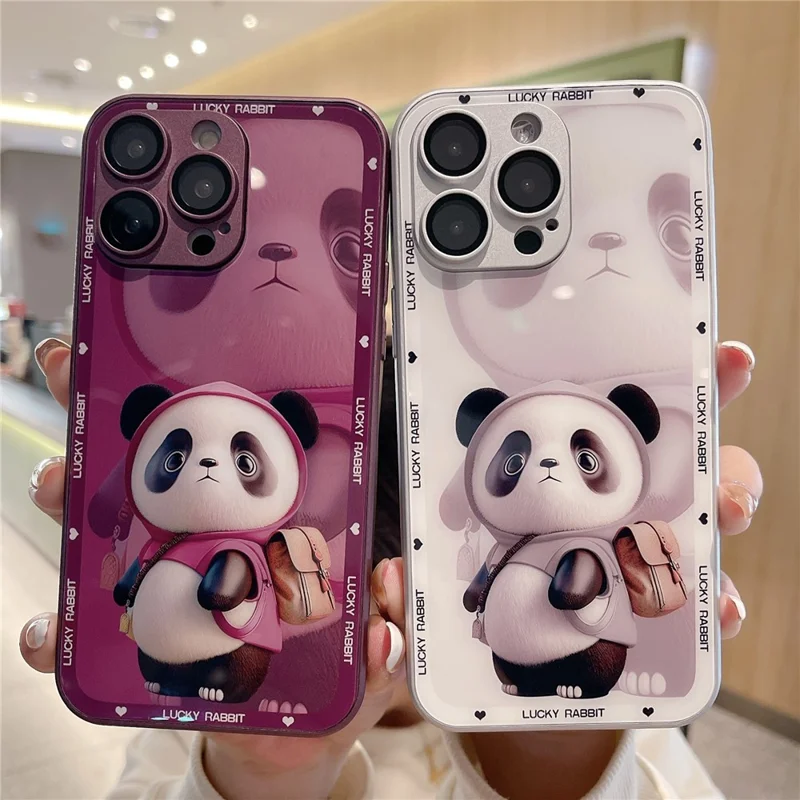 For iPhone 13 Pro Max Hard Glass+TPU Phone Cover Metal Paint Design Panda Decor Phone Case - White