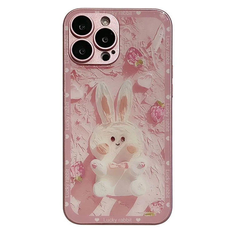 For iPhone 13 Pro Max Glass+TPU Phone Case Strawberry Rabbit Decor Metal Paint Design Phone Cover Shell - Pink
