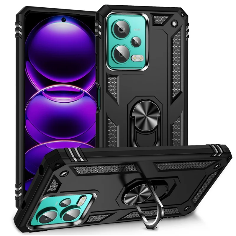 Per Xiaomi Redmi Note 12 4G Kickstand Phone Case PC+TPU Cover con Built-in Magnetic Holder Metal Sheet - Nero