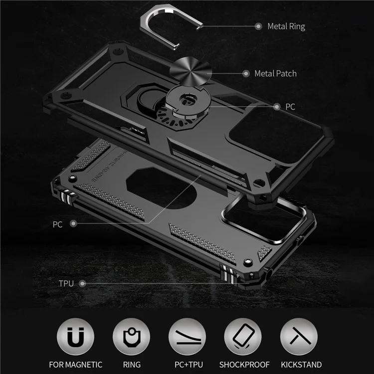 Per Xiaomi Redmi Note 12 4G Kickstand Phone Case PC+TPU Cover con Built-in Magnetic Holder Metal Sheet - Nero