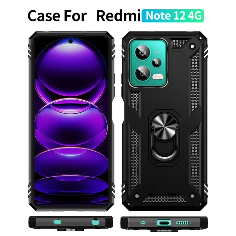 Per Xiaomi Redmi Note 12 4G Kickstand Phone Case PC+TPU Cover con Built-in Magnetic Holder Metal Sheet - Nero