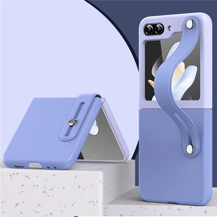 Pour Samsung Galaxy Z Flip5 5G Contraste Couleur PU Cuir Enduit PC Étui de Téléphone à Bandoulière à Béquille - Bleu Ciel Violet Clair