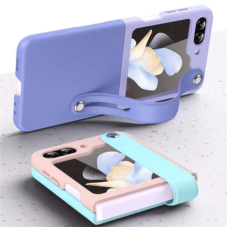 Pour Samsung Galaxy Z Flip5 5G Contraste Couleur PU Cuir Enduit PC Étui de Téléphone à Bandoulière à Béquille - Bleu Ciel Violet Clair