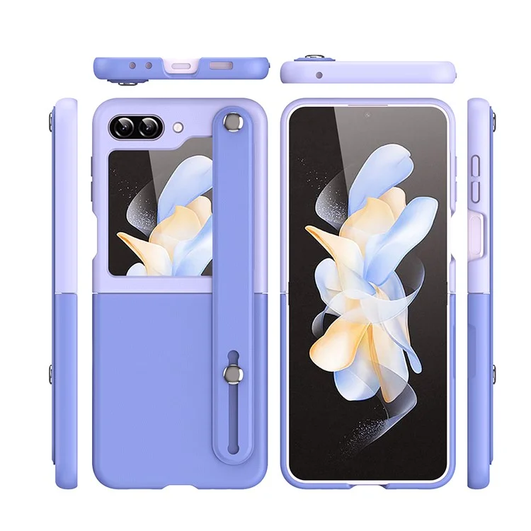Pour Samsung Galaxy Z Flip5 5G Contraste Couleur PU Cuir Enduit PC Étui de Téléphone à Bandoulière à Béquille - Bleu Ciel Violet Clair