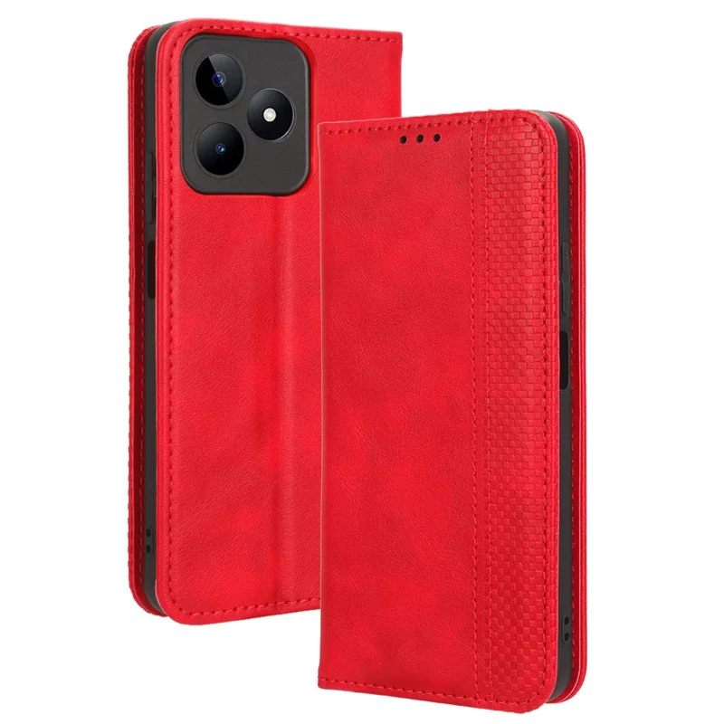 For Realme C53 (Global) / C53 (India) / C51 / Note 50 4G / Narzo N53 4G PU Leather Retro Phone Case Shockproof Stand Wallet Cover - Red