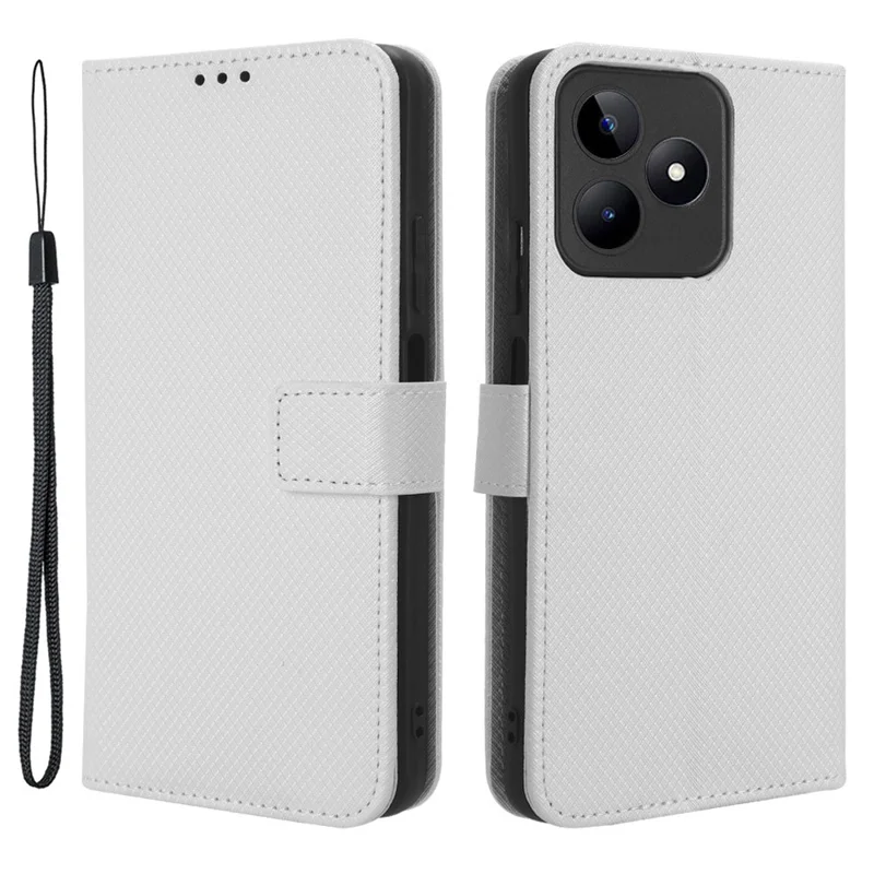 For Realme C53 (Global) / C53 (India) / C51 / Note 50 4G / Narzo N53 4G Shockproof Wallet Phone Case PU Leather Stand Diamond Texture Cover - White