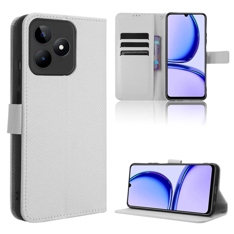 For Realme C53 (Global) / C53 (India) / C51 / Note 50 4G / Narzo N53 4G Shockproof Wallet Phone Case PU Leather Stand Diamond Texture Cover - White