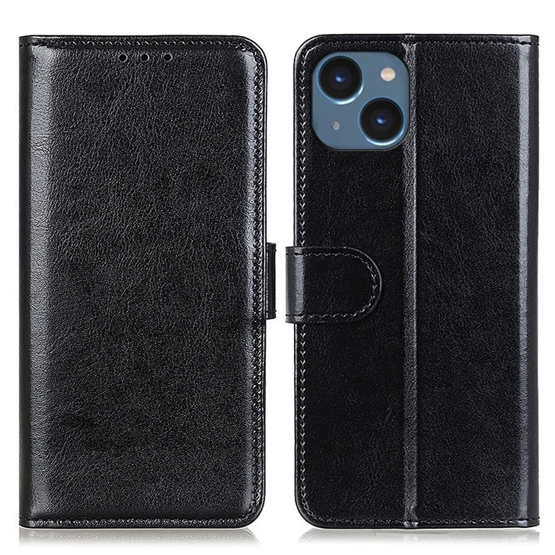 Cell Phone Case Wallet for iPhone 15 , Anti-Scratch Crazy Horse Texture PU Leather Stand Phone Cover - Black