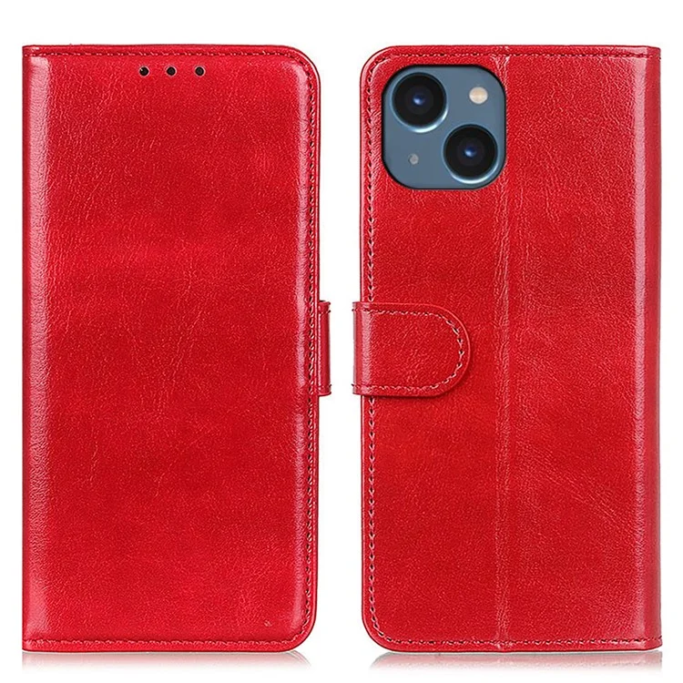 Cell Phone Case Wallet for iPhone 15 , Anti-Scratch Crazy Horse Texture PU Leather Stand Phone Cover - Red