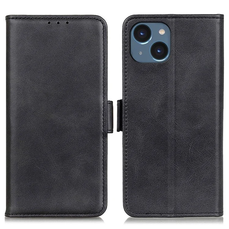 For iPhone 15 Cowhide Texture Full Protection Cover PU Leather Wallet Stand Cell Phone Case - Black