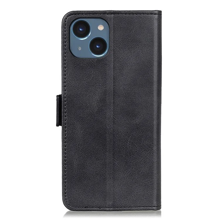 For iPhone 15 Cowhide Texture Full Protection Cover PU Leather Wallet Stand Cell Phone Case - Black
