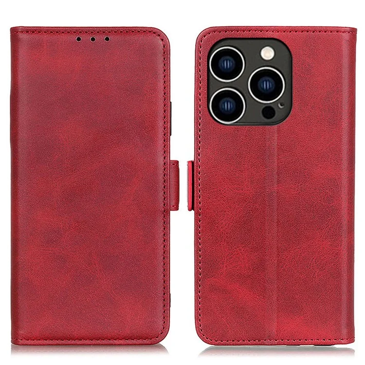 Per iPhone 15 Pro Wallet Stand Phone Case Cowhide Texture Full Protection PU Leather Cover Shell - Red