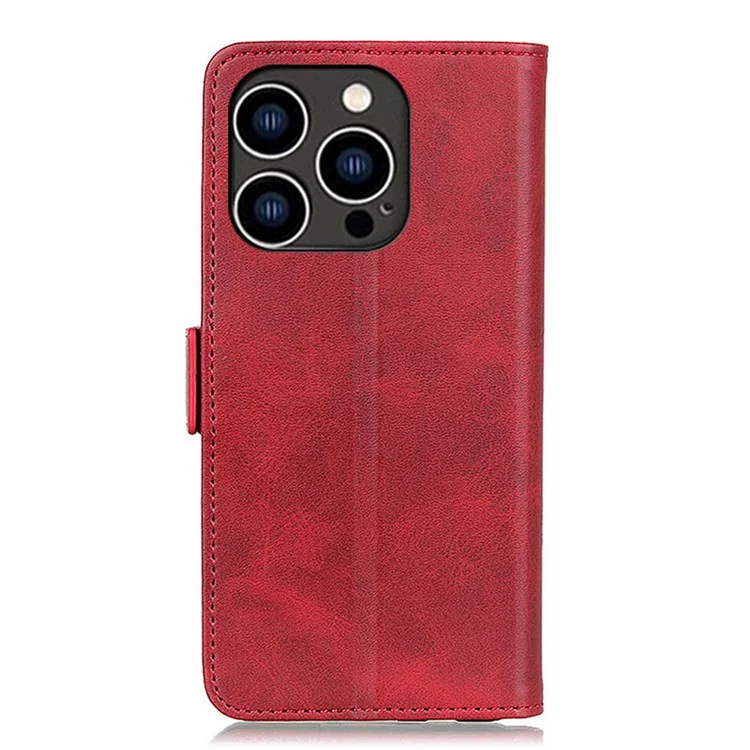 Per iPhone 15 Pro Wallet Stand Phone Case Cowhide Texture Full Protection PU Leather Cover Shell - Red