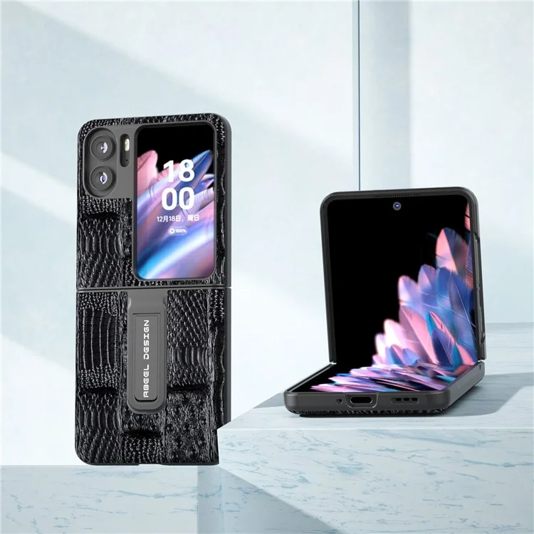 ABEEL для Oppo Find N2 Flip 5G Маджонг Текстура Kickstand Case Genuine Cow Leather+PC Rugged Shockproof Phone Cover - Черный