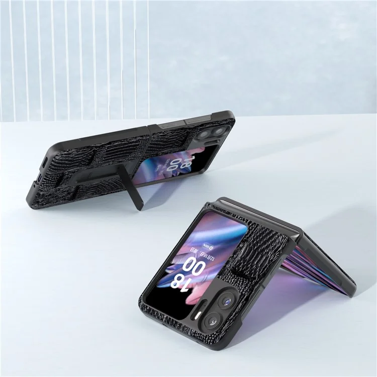 ABEEL для Oppo Find N2 Flip 5G Маджонг Текстура Kickstand Case Genuine Cow Leather+PC Rugged Shockproof Phone Cover - Черный