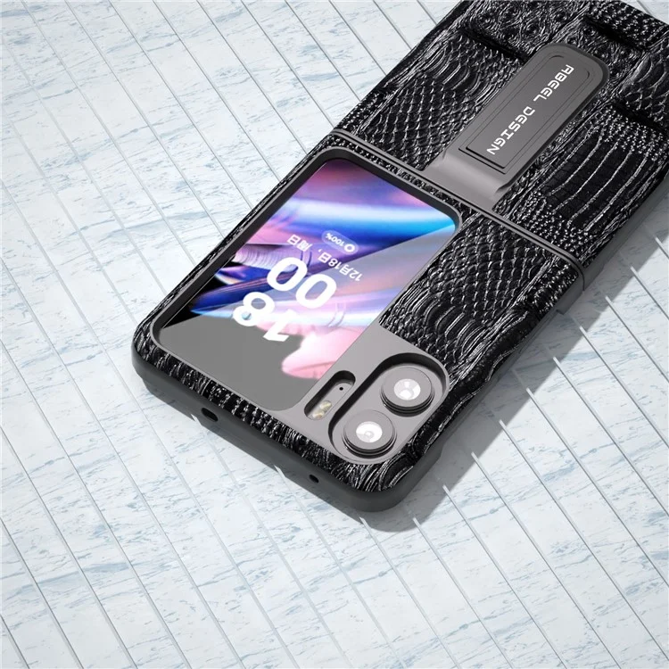 ABEEL для Oppo Find N2 Flip 5G Маджонг Текстура Kickstand Case Genuine Cow Leather+PC Rugged Shockproof Phone Cover - Черный