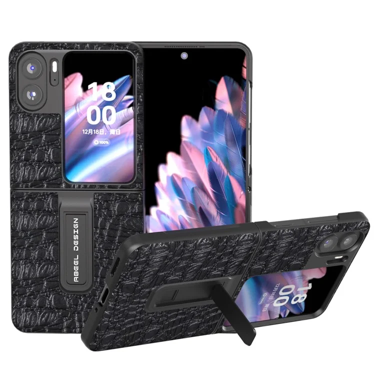 ABEEL для Oppo Find N2 Flip 5G Противоскользящая текстурированная подставка Чехол из натуральной коровьей кожи + ПК Чехол для телефона - Черный