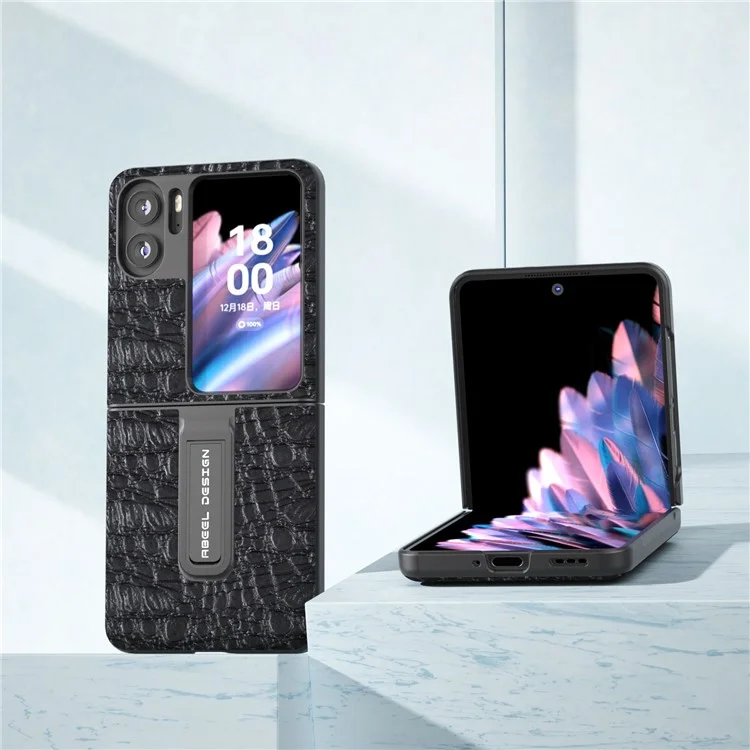 ABEEL для Oppo Find N2 Flip 5G Противоскользящая текстурированная подставка Чехол из натуральной коровьей кожи + ПК Чехол для телефона - Черный