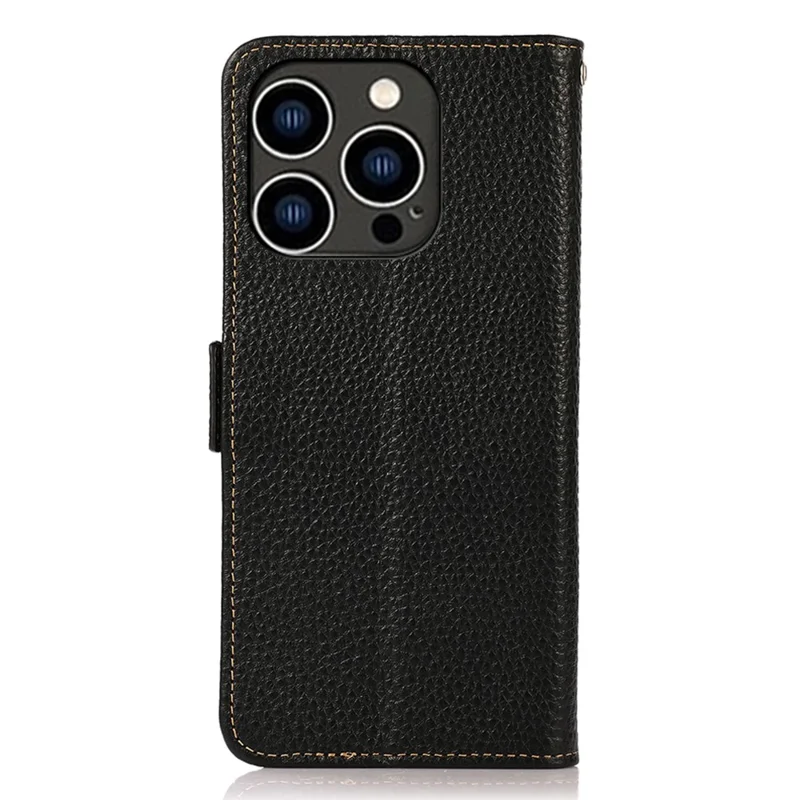 KHAZNEH For iPhone 15 Pro RFID Blocking Phone Case Stand Wallet Genuine Cow Leather Phone Cover - Black