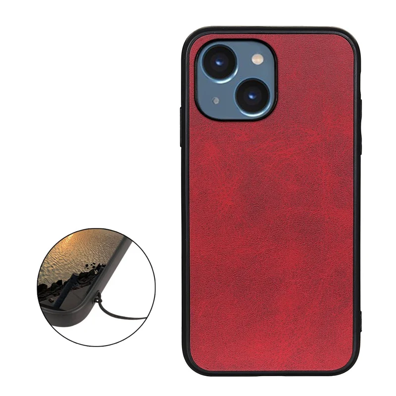 For iPhone 15 PC+TPU+PU Leather Phone Case Cowhide Texture Anti-drop Cover - Red
