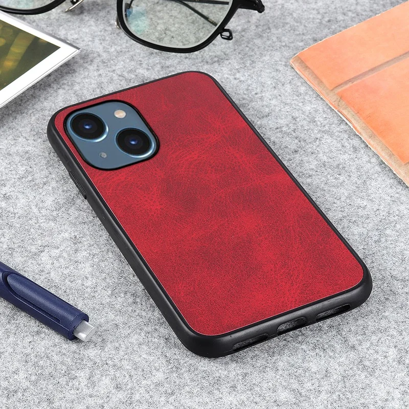 For iPhone 15 PC+TPU+PU Leather Phone Case Cowhide Texture Anti-drop Cover - Red