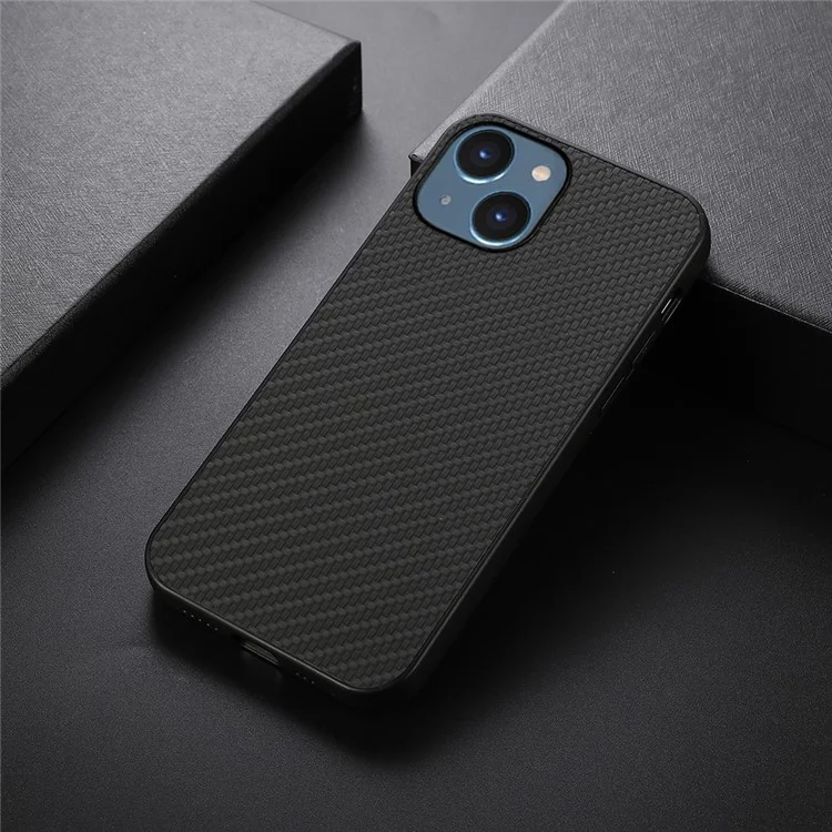 For iPhone 15 Plus PU Leather Coated TPU Mobile Case Carbon Fiber Texture Phone Cover - Black