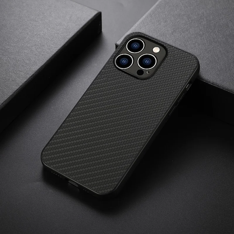 For iPhone 15 Pro Phone Cover Carbon Fiber Texture PU Leather Coated TPU Case - Black
