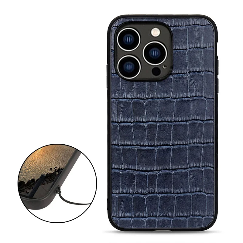 Pour iPhone 15 Pro Max Crocodile Texture Genuine Cow Leather+TPU+PC Phone Case Phone Cover - Bleu