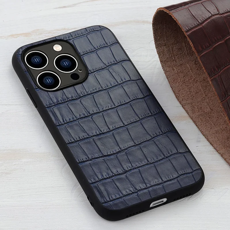 Pour iPhone 15 Pro Max Crocodile Texture Genuine Cow Leather+TPU+PC Phone Case Phone Cover - Bleu