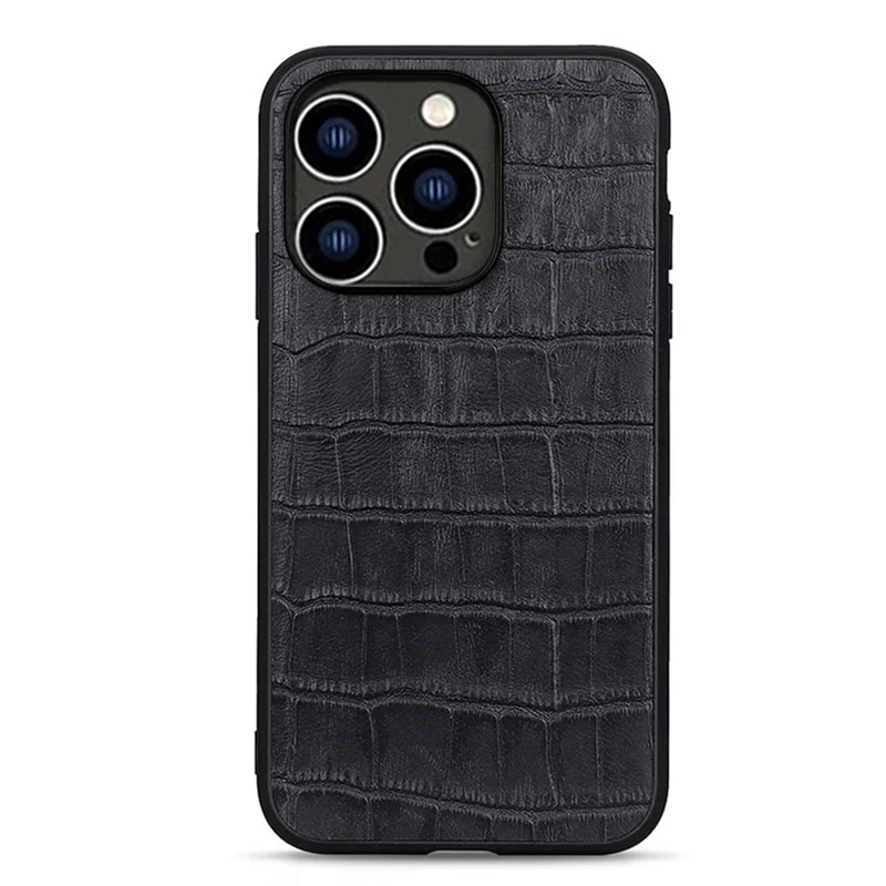 For iPhone 15 Pro Anti-Scratch Shell Crocodile Texture Genuine Cow Leather+TPU+PC Phone Case Phone Cover - Black