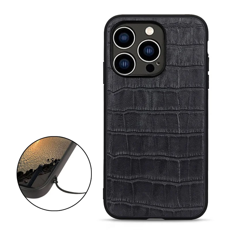For iPhone 15 Pro Anti-Scratch Shell Crocodile Texture Genuine Cow Leather+TPU+PC Phone Case Phone Cover - Black