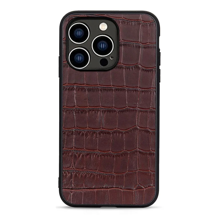 Per iPhone 15 Pro Anti-Scratch Shell Texture Coccodrillo Vera Pelle Bovina+TPU+PC Custodia per Telefono Custodia per Telefono - Marrone