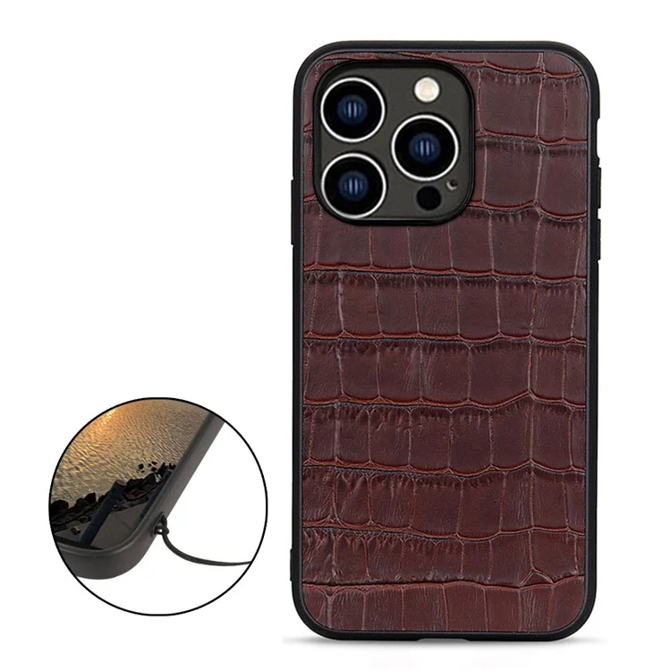 Per iPhone 15 Pro Anti-Scratch Shell Texture Coccodrillo Vera Pelle Bovina+TPU+PC Custodia per Telefono Custodia per Telefono - Marrone